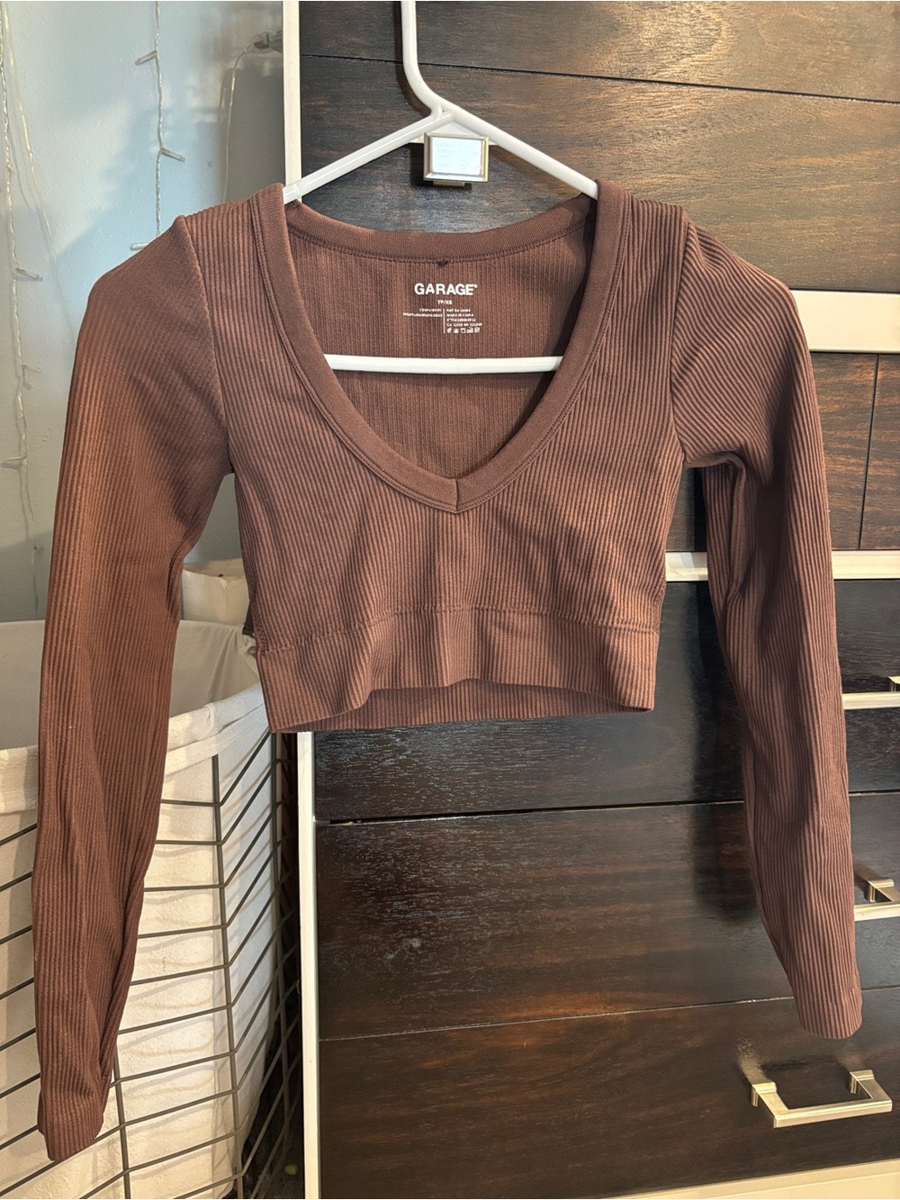 Garage Ribbed Deep V-Neck Long Sleeve Crop Top in Brown
